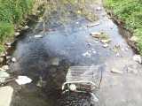 [A shopping trolley lies on it's side in Salmon's Brook by Latymer Road.]