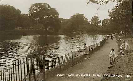 [Pymmes Park lake from an old postcard.]